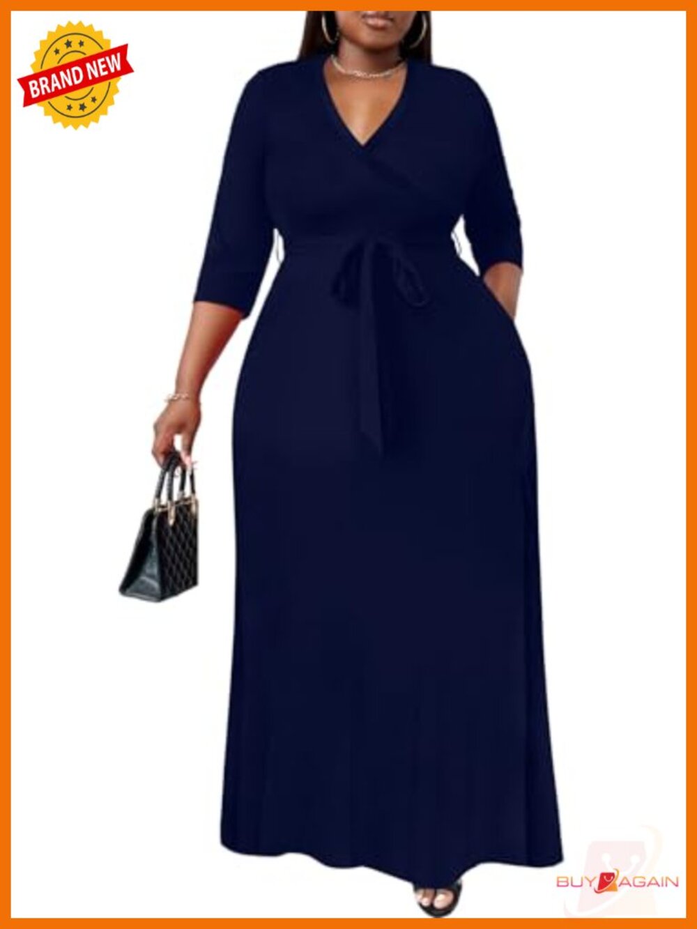 Plus Size Maxi Wrap Dress 3/4 Sleeve V-Neck Belted Flowy Long Curvy Fit